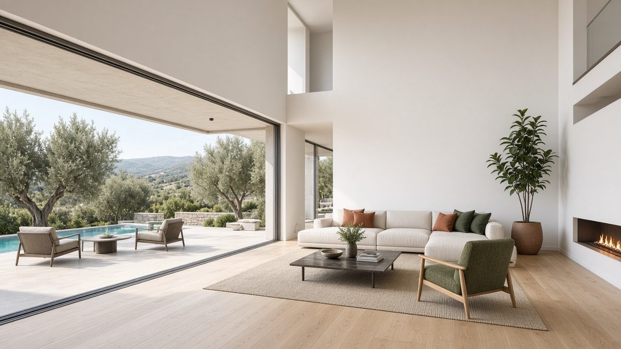 Salón de una vivienda terminada, abierto a la terraza y la piscina